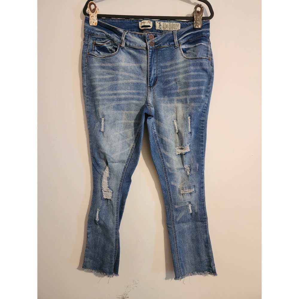 Indigo Rein Women Blue Distressed Crop Jeans Raw Hem Size 16 Medium Wash